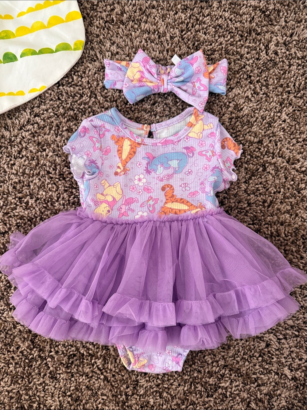 Purple Tulle Tutu Bodysuit with Pooh and friends Print and Matching Bow